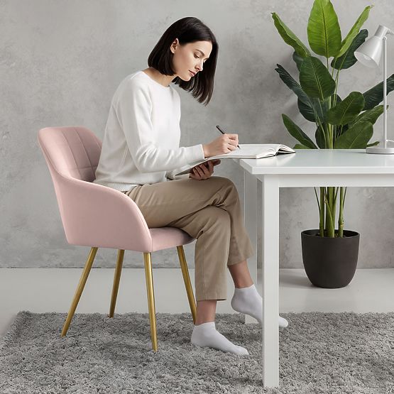 4x Oblazinjeni stol s kvadratnim prešitjem Puder Roza LUXANO Zlate noge