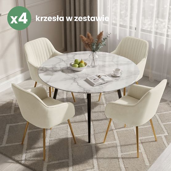 4x Žametni oblazinjeni stol s prešitjem Krem FLORENCE Zlate noge