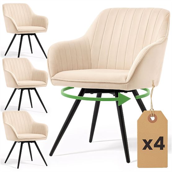 4x Žametni vrtljivi stol s prešitjem Bež TURNO Črne noge