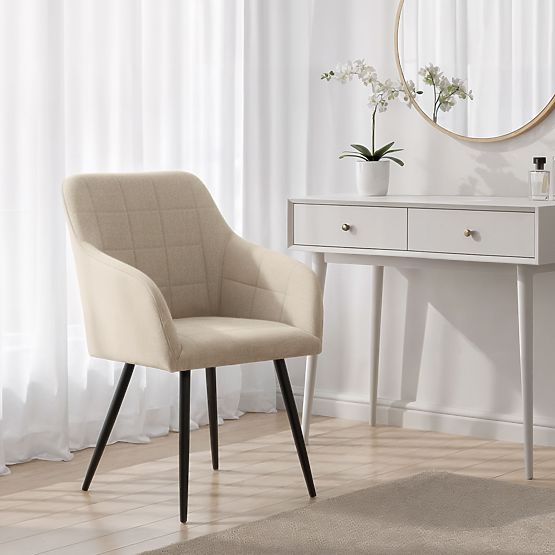 6x Oblazinjeni stol s kvadratnim prešitjem Bež LUXANO Črne noge tkanina Lumos