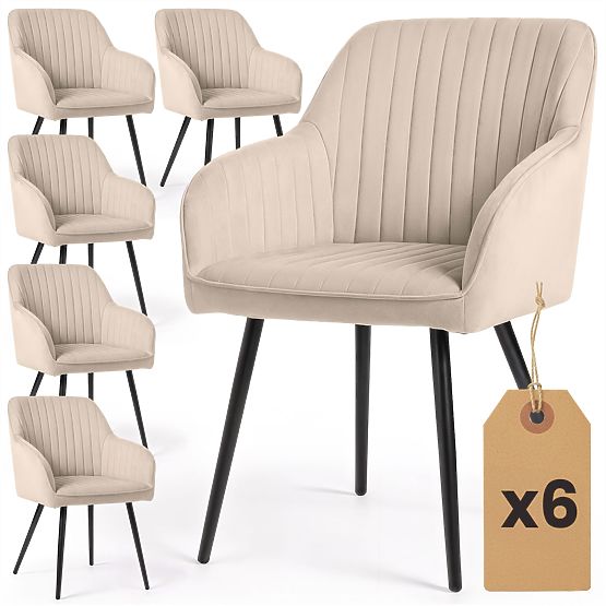 6x Žametni oblazinjeni stol s prešitjem Bež FLORENCE Črne noge