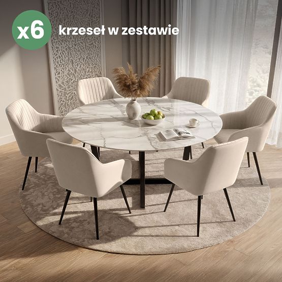 6x Žametni oblazinjeni stol s prešitjem Bež FLORENCE Črne noge