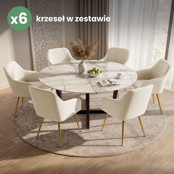 6x Žametni oblazinjeni stol s prešitjem Krem FLORENCE Zlate noge