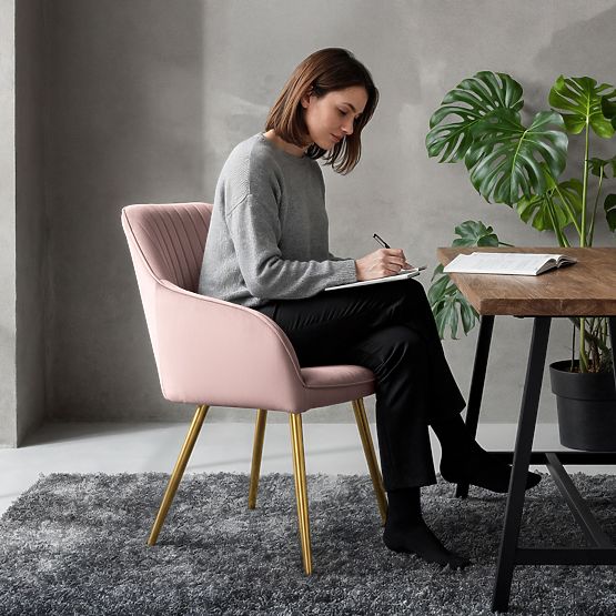 6x Žametni oblazinjeni stol s prešitjem Puder Roza FLORENCE Zlate noge