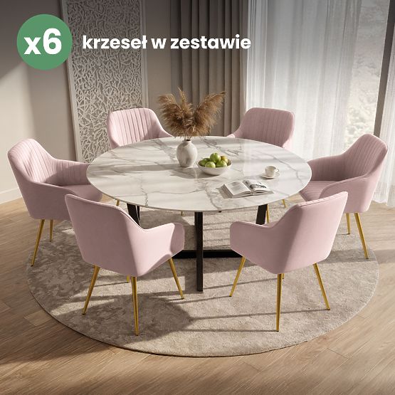 6x Žametni oblazinjeni stol s prešitjem Puder Roza FLORENCE Zlate noge