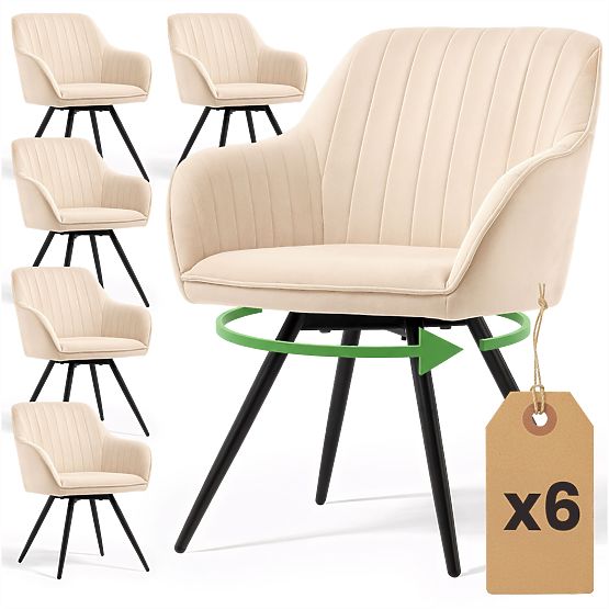 6x Žametni vrtljivi stol s prešitjem Bež TURNO Črne noge