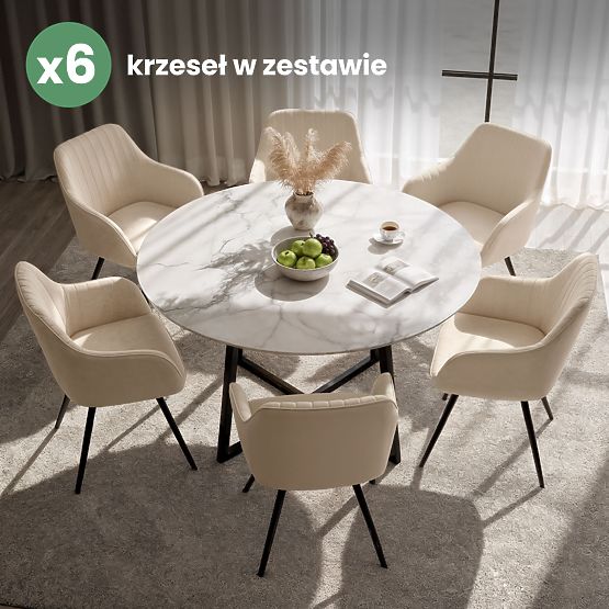 6x Žametni vrtljivi stol s prešitjem Bež TURNO Črne noge