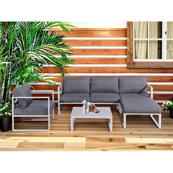 Aluminijasti komplet pohištva za teraso (Sofa 204 cm, fotelj, taburet + miza) MOSTRARE Bela