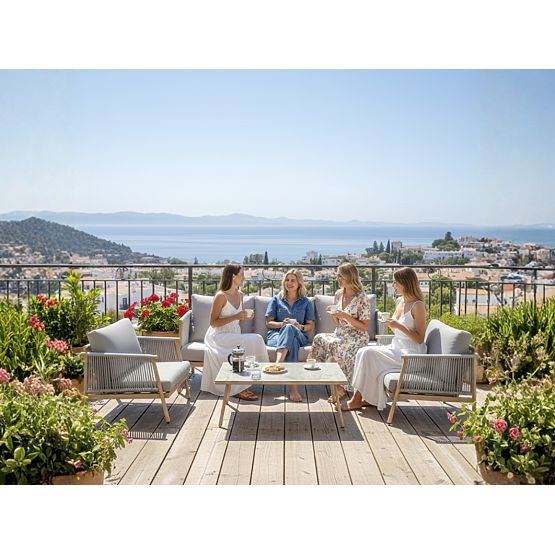 Aluminijasti komplet terasnega pohištva (Velika sedežna garnitura, 2 x fotelj in miza) BLANDO svetlo