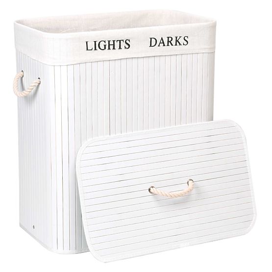 Bambusova košara s pokrovom 100L 2 predelka bela