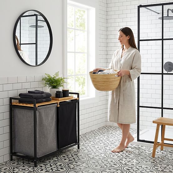 bambusova košara za perilo ali igrače HANOI BLACK 2 predelka DUO BARVA