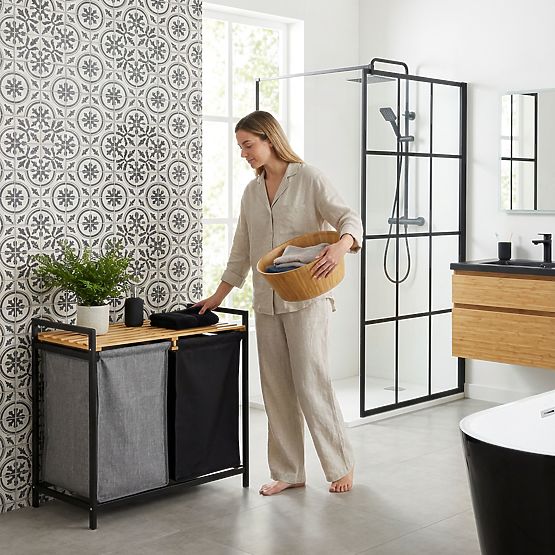 bambusova košara za perilo ali igrače HANOI BLACK 2 predelka DUO BARVA