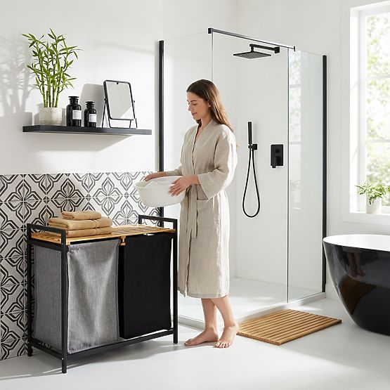 bambusova košara za perilo ali igrače HANOI BLACK 2 predelka DUO BARVA