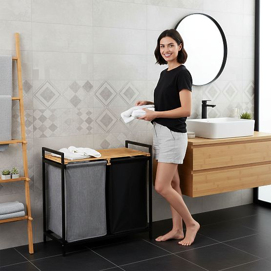 bambusova košara za perilo ali igrače HANOI BLACK 2 predelka DUO BARVA