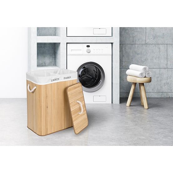 Bambusova košara za perilo z 2 predelki naravna