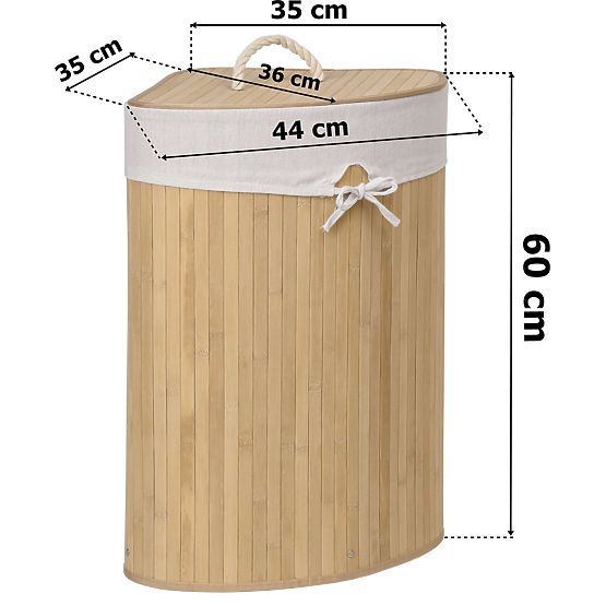 Bambusova kotna košara za perilo s pokrovom natural 60L