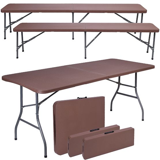 Catering set Ratan rjava miza 180 cm + 2 klopi