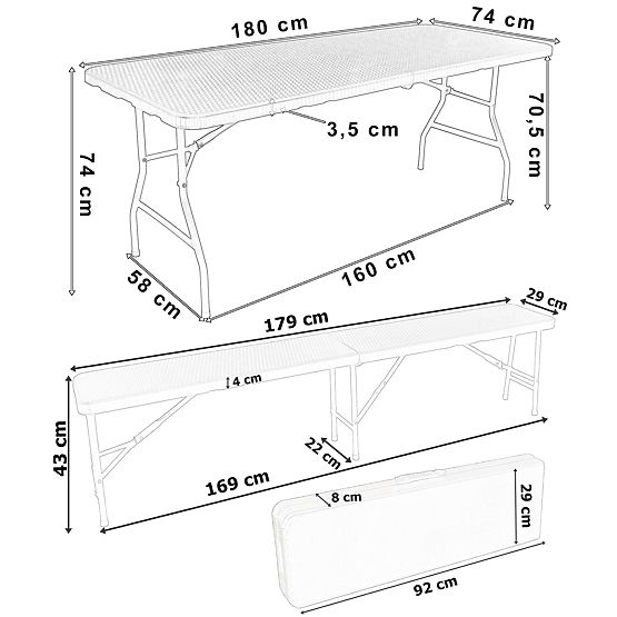 Catering set Ratan rjava miza 180 cm + 2 klopi