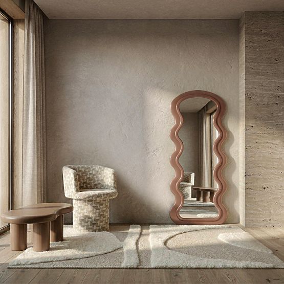 Dekorativno viseče ogledalo v lesenem okvirju Vale 177x75 cm, valovito, organska oblika, mocha mo
