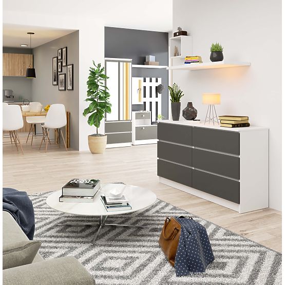 Komoda K 140 cm 6 predalov PK bela-grafitno siva