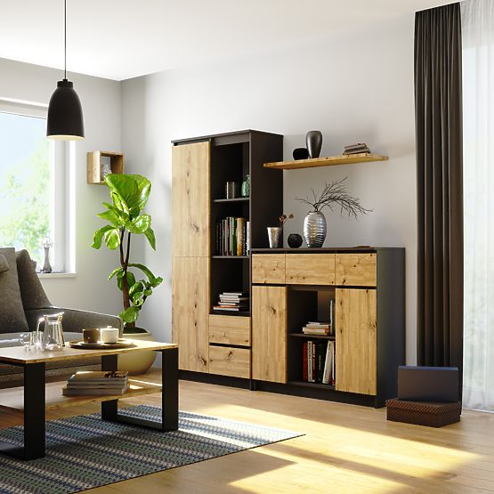 KOMODA K100 2D 3SZ 1P PK GRAFIT SIVA / HRAST ARTISAN