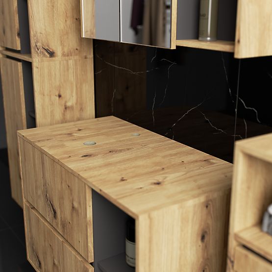 KOMPLET VISEČE KOPALNIŠKE POHIŠTVENE S POLICAMI VAMI HRAST ARTISAN / GRAFITNO SIVA