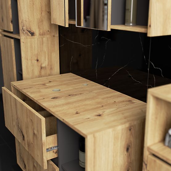 KOMPLET VISEČE KOPALNIŠKE POHIŠTVENE S POLICAMI VAMI HRAST ARTISAN / GRAFITNO SIVA