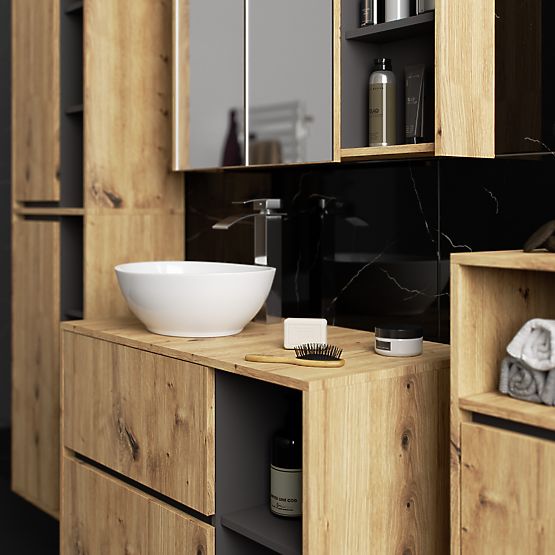 KOMPLET VISEČE KOPALNIŠKE POHIŠTVENE S POLICAMI VAMI HRAST ARTISAN / GRAFITNO SIVA