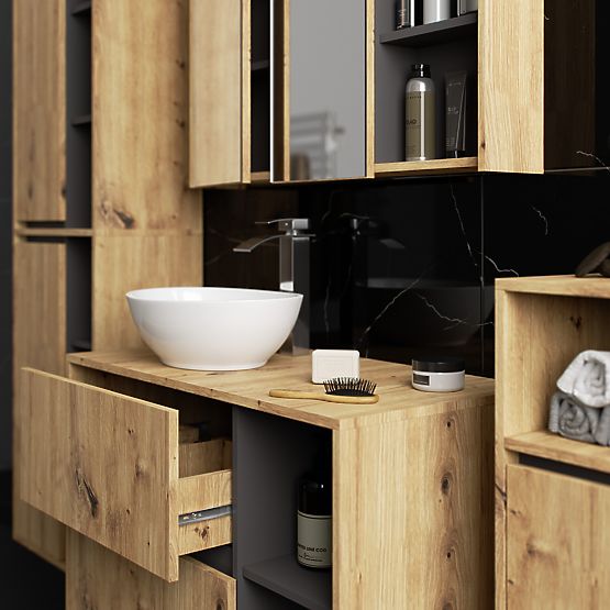 KOMPLET VISEČE KOPALNIŠKE POHIŠTVENE S POLICAMI VAMI HRAST ARTISAN / GRAFITNO SIVA