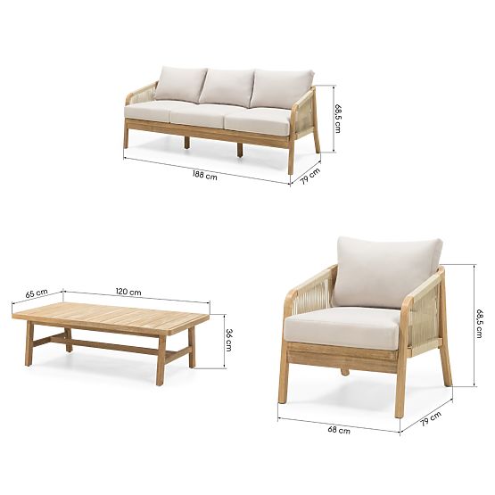 Komplet vrtnega pohištva Castello, pletenina, akacijev les FSC, videz tika, bež