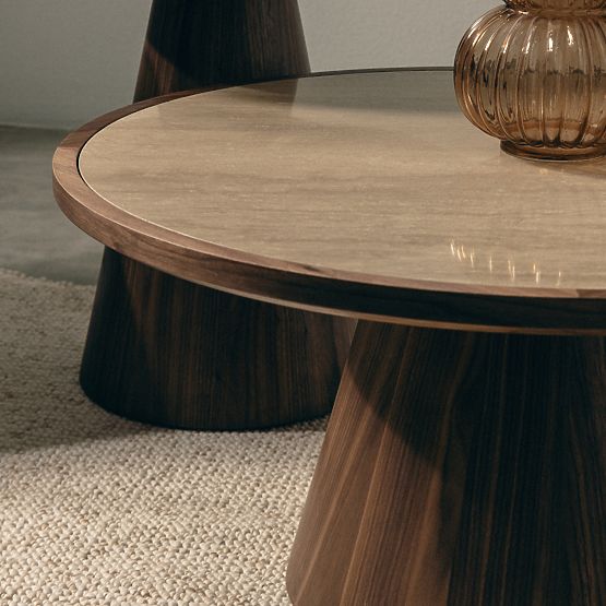 Konferenčna miza Kyoto 80 cm, okrogla, travertin/oreh