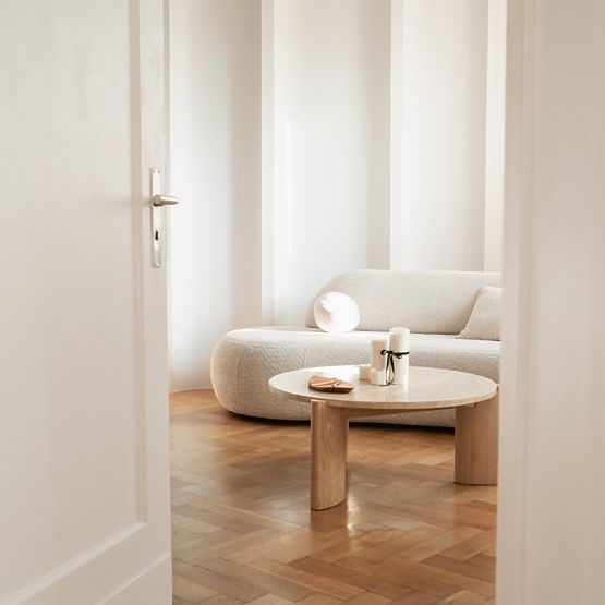 Konferenčna miza Medley 90 cm, okrogla, travertin/jesen