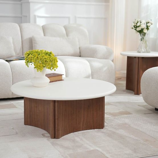 Konferenčna mizica Marlo 80 cm, kremno bela/oreh, mikrocement