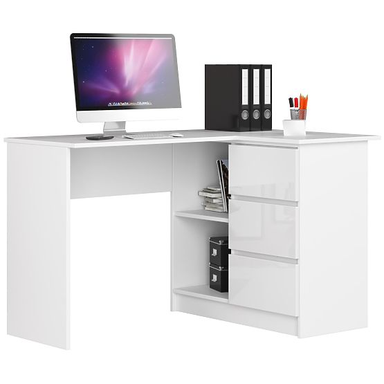 KOTNI PISALNA MIZA B16 124 cm DESNA 3 PREDALI PK BELA / BELI LESK