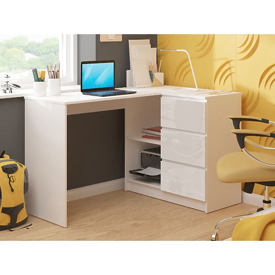 KOTNI PISALNA MIZA B16 124 cm DESNA 3 PREDALI PK BELA / BELI LESK