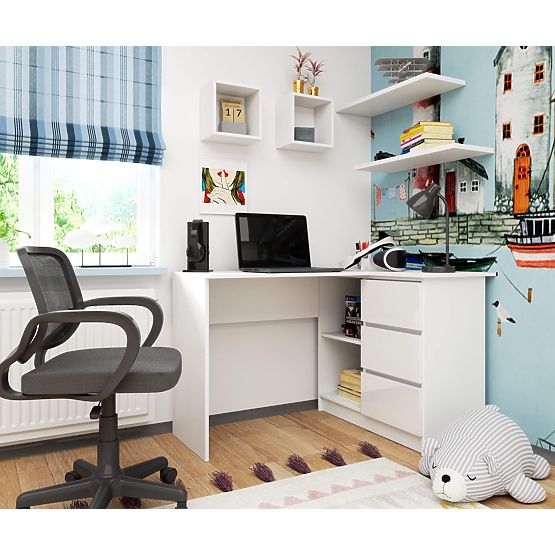 KOTNI PISALNA MIZA B16 124 cm DESNA 3 PREDALI PK BELA / BELI LESK