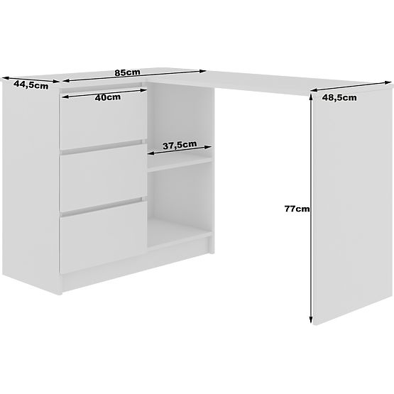 KOTNI PISALNA MIZA B16 124 cm LEVA 3 PREDALI PK BELA / BELI SIJAJ