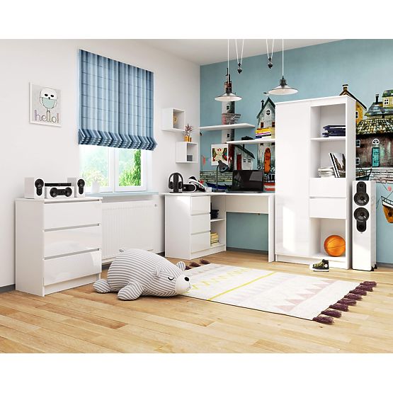 KOTNI PISALNA MIZA B16 124 cm LEVA 3 PREDALI PK BELA / BELI SIJAJ