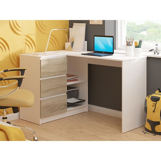 KOTNIŠKA PISALNA MIZA B16 124 cm LEVA 3 PREDALI PK BELA / SONOMA