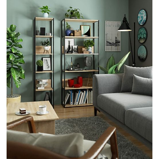 Kovinski loft regal 40 cm - črna-dub sonoma - 6 polic