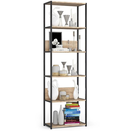 Kovinski loft regal 60 cm - črna-hrast sonoma - 6 polic