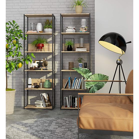 Kovinski loft regal 60 cm - črna-hrast sonoma - 6 polic