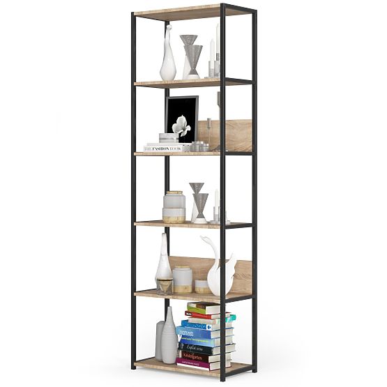 Kovinski loft regal 60 cm - črna-hrast sonoma - 6 polic