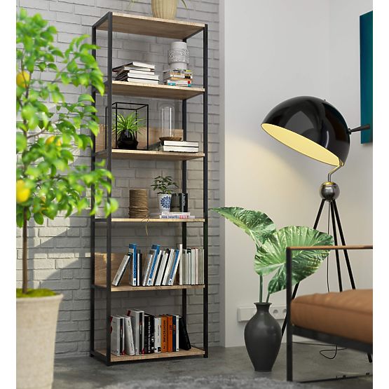 Kovinski loft regal 60 cm - črna-hrast sonoma - 6 polic