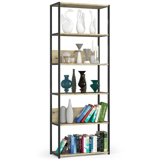 Kovinski loft regal 70 cm - črna-dub artisan - 6 polic