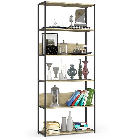 Kovinski loft regal 80 cm - črna-dub artisan - 6 polic