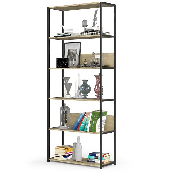 Kovinski loft regal 80 cm - črna-dub artisan - 6 polic
