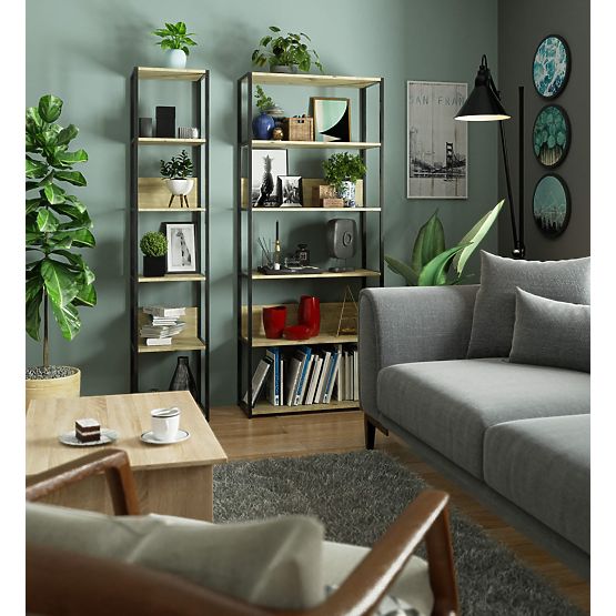 Kovinski loft regal 80 cm - črna-dub artisan - 6 polic