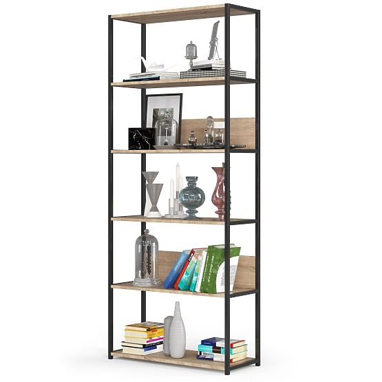 Kovinski loft regal 80 cm - črna-dub sonoma - 6 polic