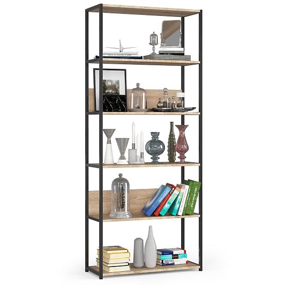 Kovinski loft regal 80 cm - črna-dub sonoma - 6 polic